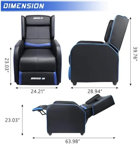 BOSSIN Gaming Recliner Chair for Adults 400lbs, Racing Style Sofa Big and Tall PU Leather, Blue