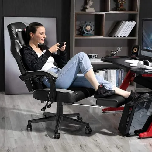 BOSSIN Gaming Chairs with Footrest, Massage Leather Game Chair, Big and Tall with Headrest, Gray