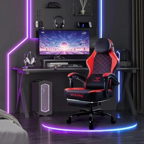 BOSSIN Gaming Chairs with Footrest, Massage Leather Game Chair, Big and Tall with Headrest and Lumbar Support