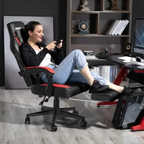 BOSSIN Gaming Chairs with Footrest, Massage Leather Game Chair, Big and Tall with Headrest, Red