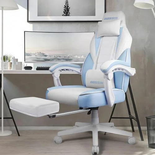 BOSSIN Gaming Chair with Massage, Ergonomic Heavy Duty Design with Footrest and Lumbar Support, White/Blue